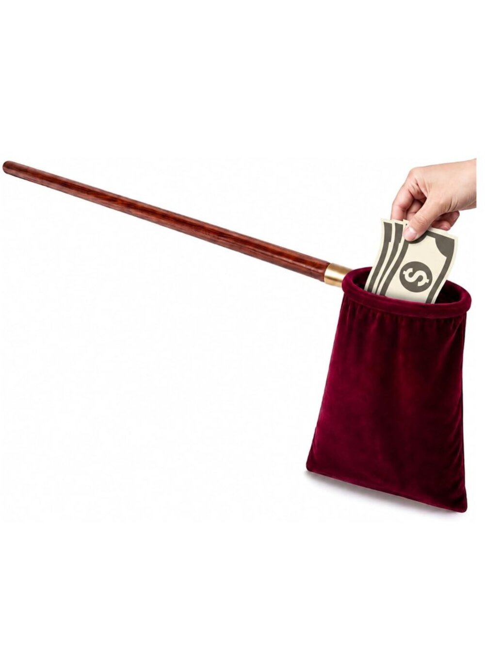 NEW 30" Long Wood Handle Velvet Bag Tithe Collection Offering Donation Church